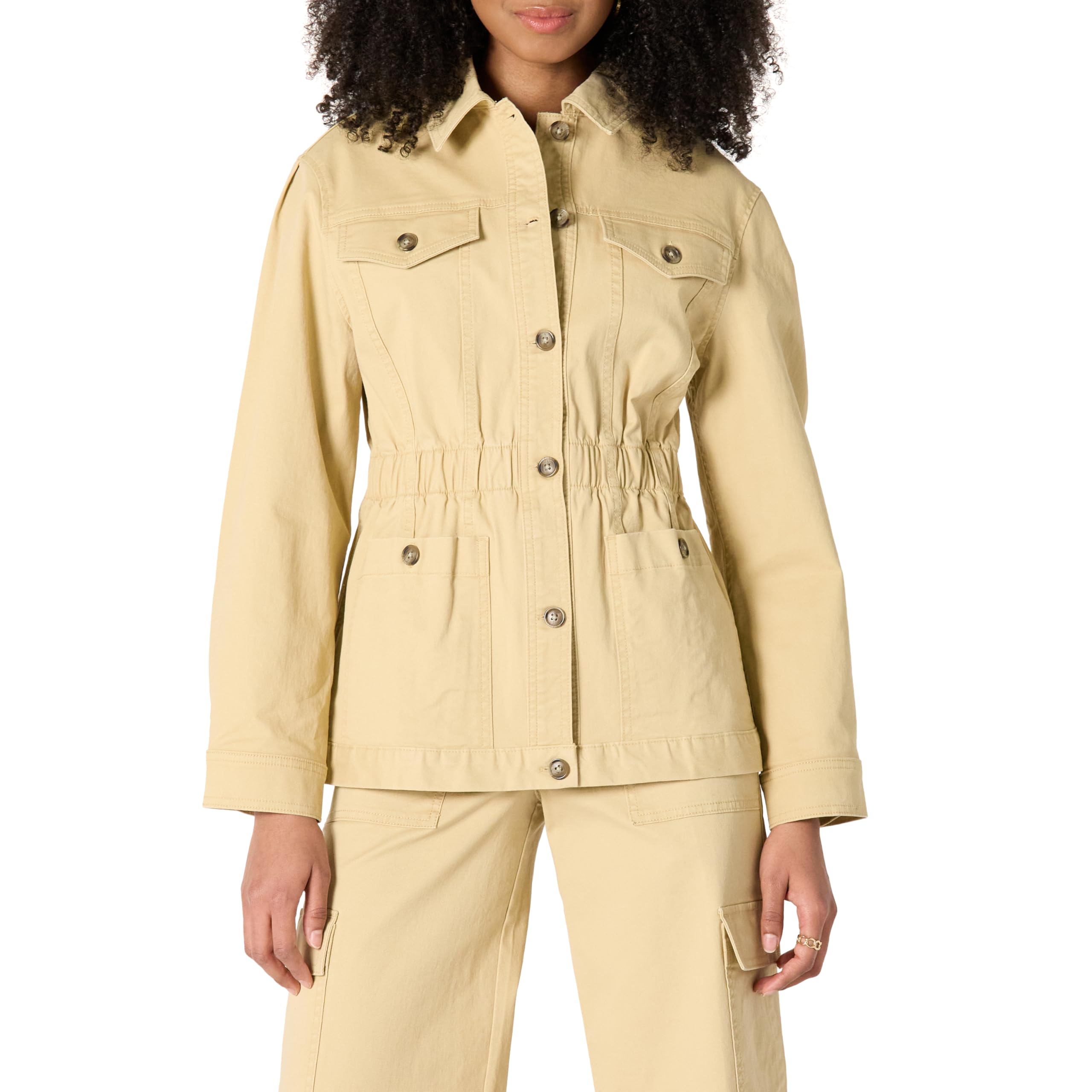 Amazon Essentials Women's Relaxed-Fit Dropped Shoulder Midweight Cotton Twill Jacket, Tan, Small