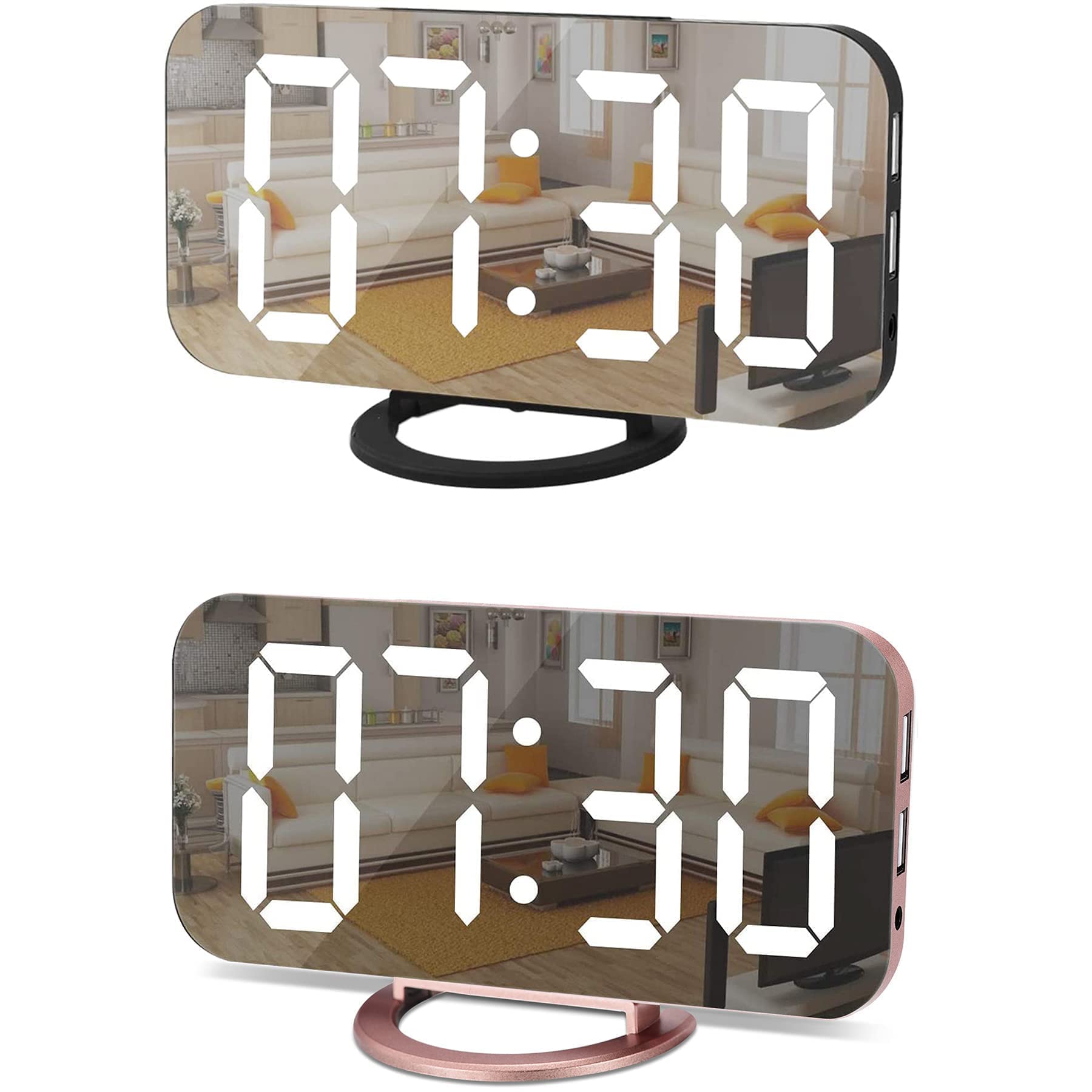 SZELAMDigital Alarm Clock Set 2,Mirror Surface LED Electronic Clocks,with USB Charger,Snooze Model, Auto/Custom Brightness,for Office Table Bedroom NightstandBlack + Rose Gold
