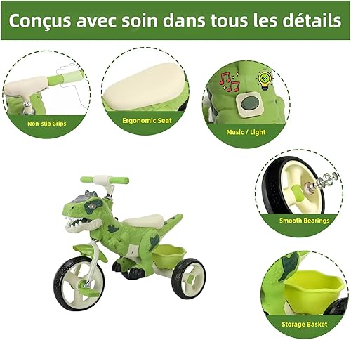 Miniatura 2 de Triciclo de dinosaurio para niños, triciclo para niños pequeños, rueda grande con música, cesta de almacenamiento, bicicleta para niños preescolares