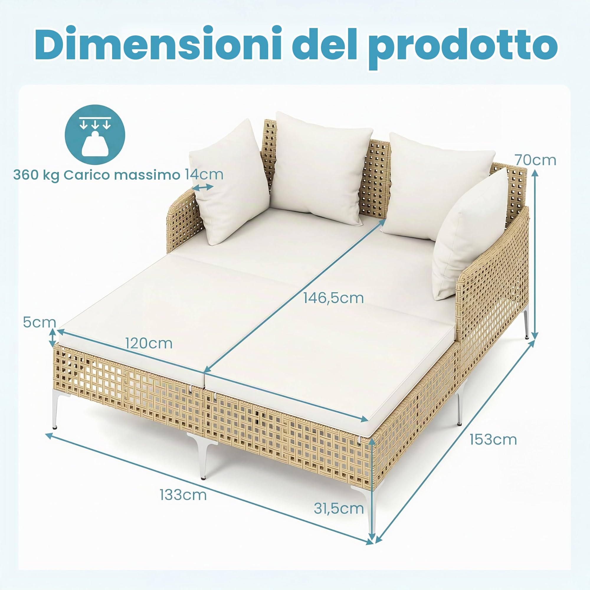 LIFEZEAL Lettino 2 Posti Prendisole in Rattan, Portata 360 kg | Lettino da Giardino con Cuscini, Struttura in Metallo, Piedini Regolabili, Divano da Esterno per Terrazza, Balcone, Piscina