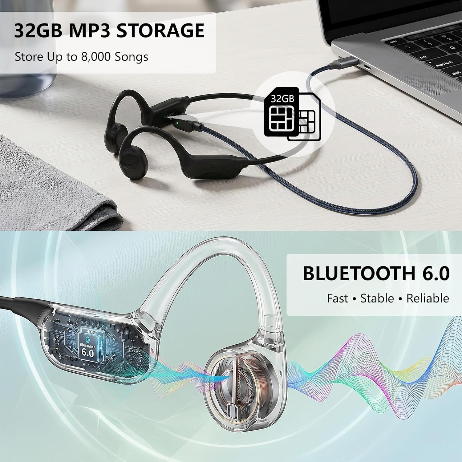 Cuffie a conduzione ossea, IPX8, impermeabili, per nuoto, con lettore MP3 da 32 GB, auricolari Bluetooth 6.0 con microfono, 8 ore di riproduzione, auricolari sportivi wireless per corsa, ciclismo