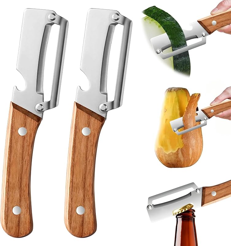 POP lina Multifunktionaler Gemüseschäler für die Küche, 2 Stücks Schäler aus Edelstahl, Sparschäler mit Holzgriff, Gemüseschäler und Flaschenöffner für Obst, Gemüses