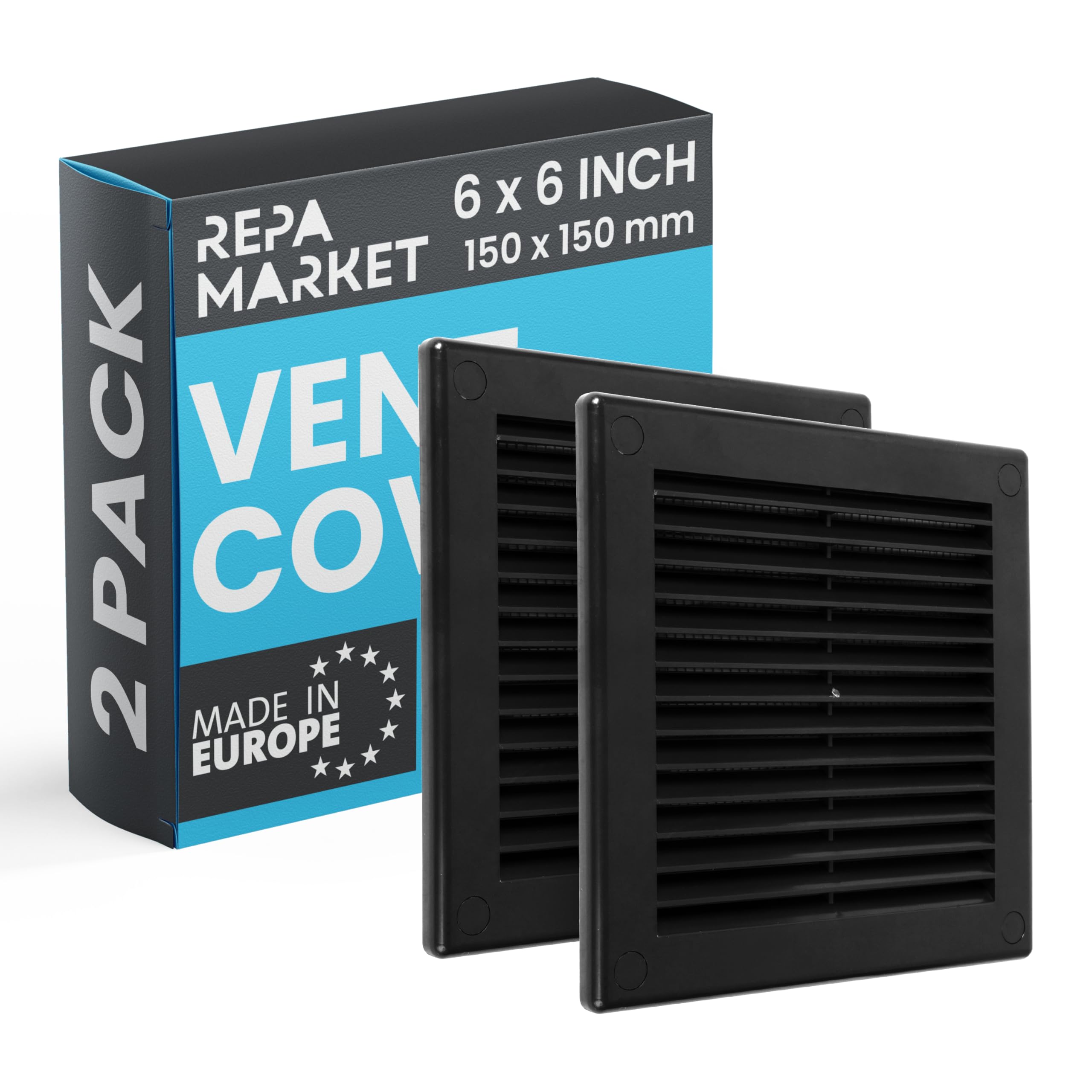 Repa Market Schwarz Lüftungsgitter Rechteckig 150 x 150mm (Außenmaße) – 2er-Pack Kunststoff Belüftungsgitter – Lüftungsgitter mit Insektenschutz für Wände, Decken – HVAC Lüftungsgitter Schwarze
