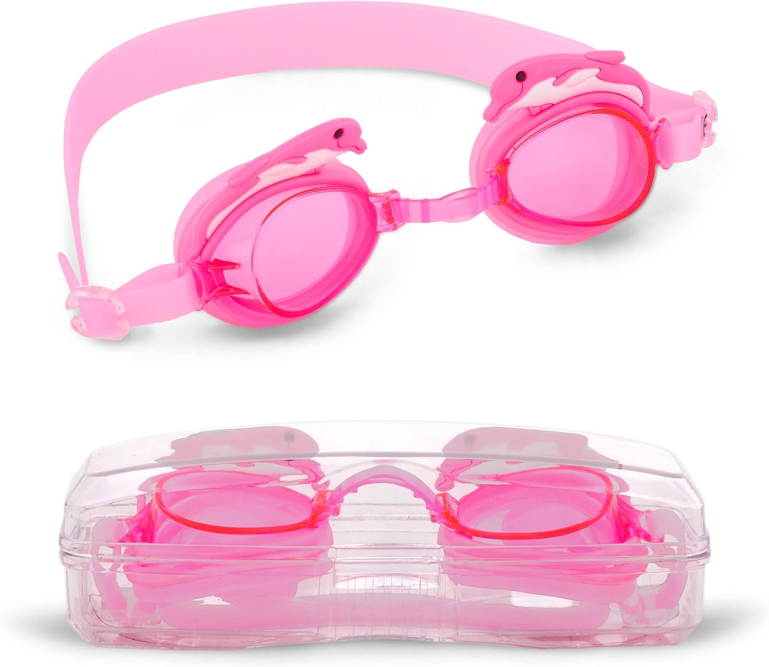 Dolphin Kids Goggles with Case | Swimming Eyewear, UV Protection & Anti-fog Lenses for Boys & Girls | Polycarbonate Lenses, Silicone Strap, Adjustable Nose Bridge | Recreation, Pool & Beach Use (Pink)
