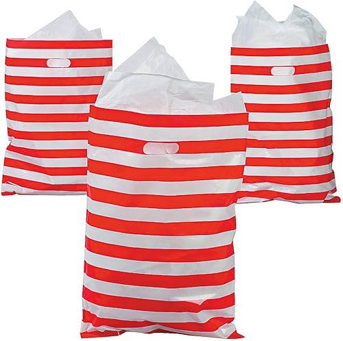 Fun Express Enormes bolsas de plástico a rayas rojas y blancas de 17 x 12 pulgadas (50 bolsas), bolsas de regalo y recuerdos, accesorios de fiesta