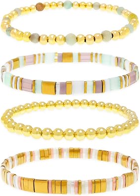 Tila Flat Gold Beaded Bracelets Stack Set for Women,Trendy Handmade Colorful Beads Stretch Bracelet Festive Outfit Accessories Jewelry Gift.