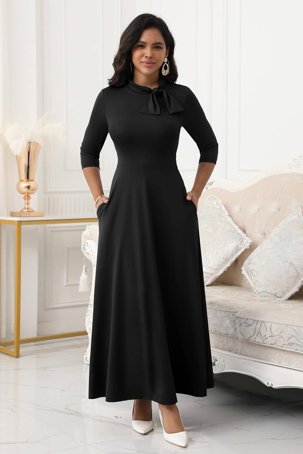 FANDEE Maxi Dress for Women Long Elegant 3/4 Sleeve Empire Waist Bow Tie Neck Casual Church Dresses with Pockets - Image 4