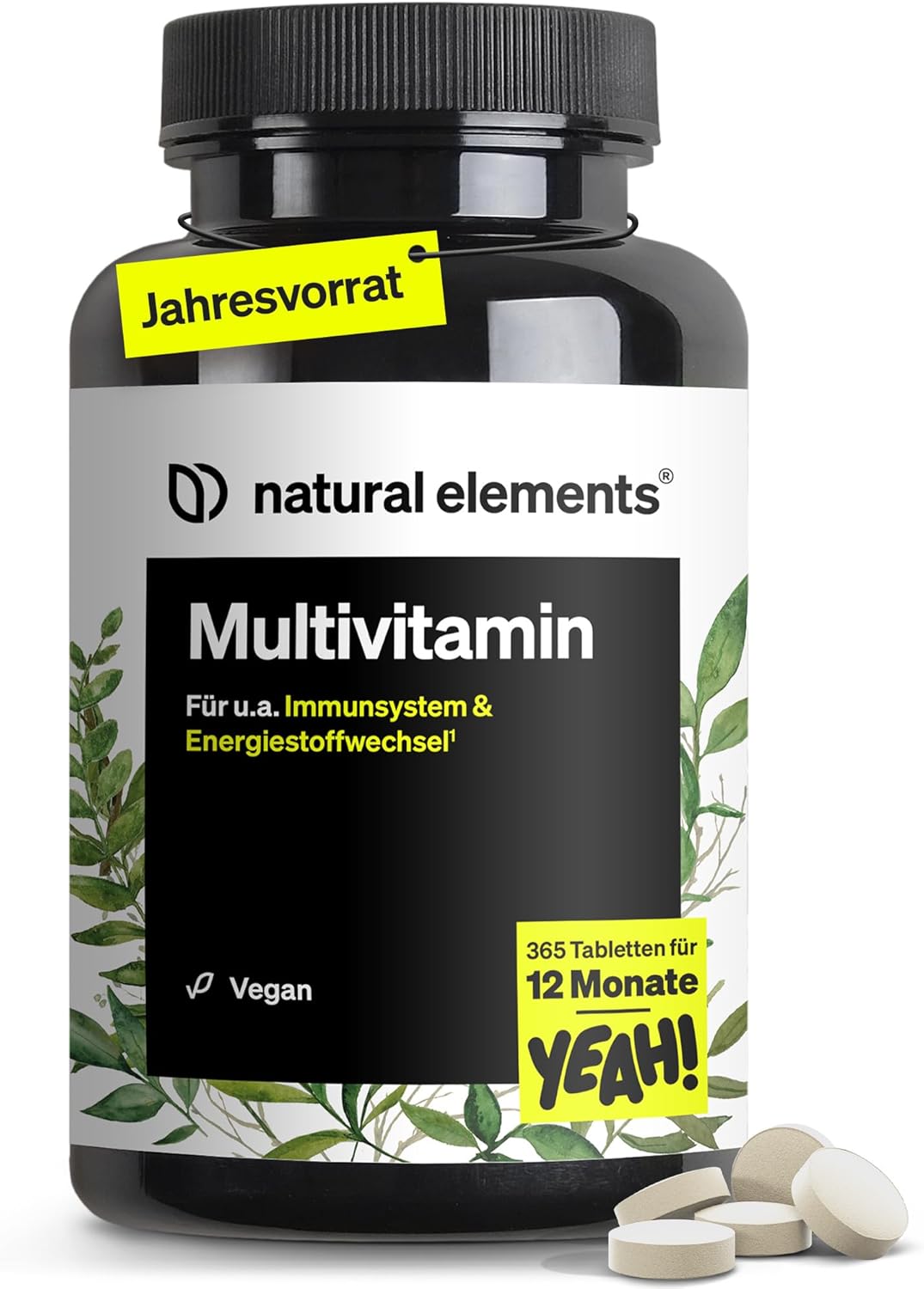 natural elements Multivitamin – 365 Vegan Tablets – Yearly Supply – Valuable Vitamins A-Z, with Vitamin K1 and K2 – No Unnecessary Additives – Produced in Germany & Laboratory Tested