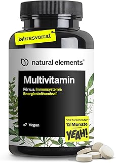 natural elements Multivitamin – 365 vegane Tabletten – Jahresvorrat – wertvolle Vitamine A-Z, mit Vitamin K1 und K2 – ohne unnötige Zusätze – in Deutschland produziert & laborgeprüft