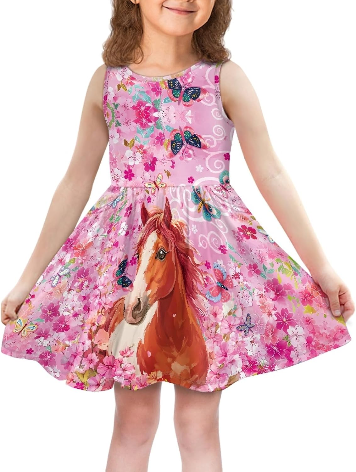 Dress for Toddle Girls 2-14T Sleeveless Crew Neck Sun Dress Midi Sundresses with Pockets Holiday Party Playwear