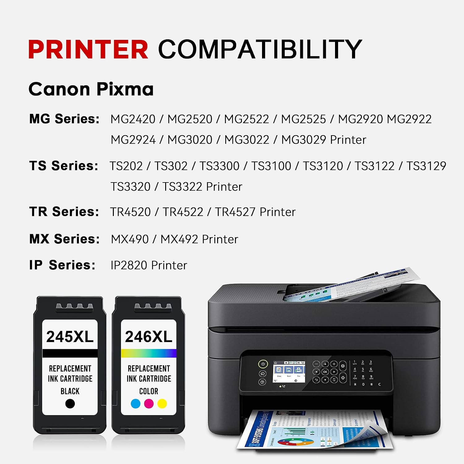 Remanufactured Ink Cartridges Replacement for Canon 245XL 246XL Compatible with MX490 MX492 MG2522 TS202 TS302 TR4520 TS3122 MG3022 MG2520 TR4522 TS3120 Printer (1 Black,1 Tri-Color,2 Pack)