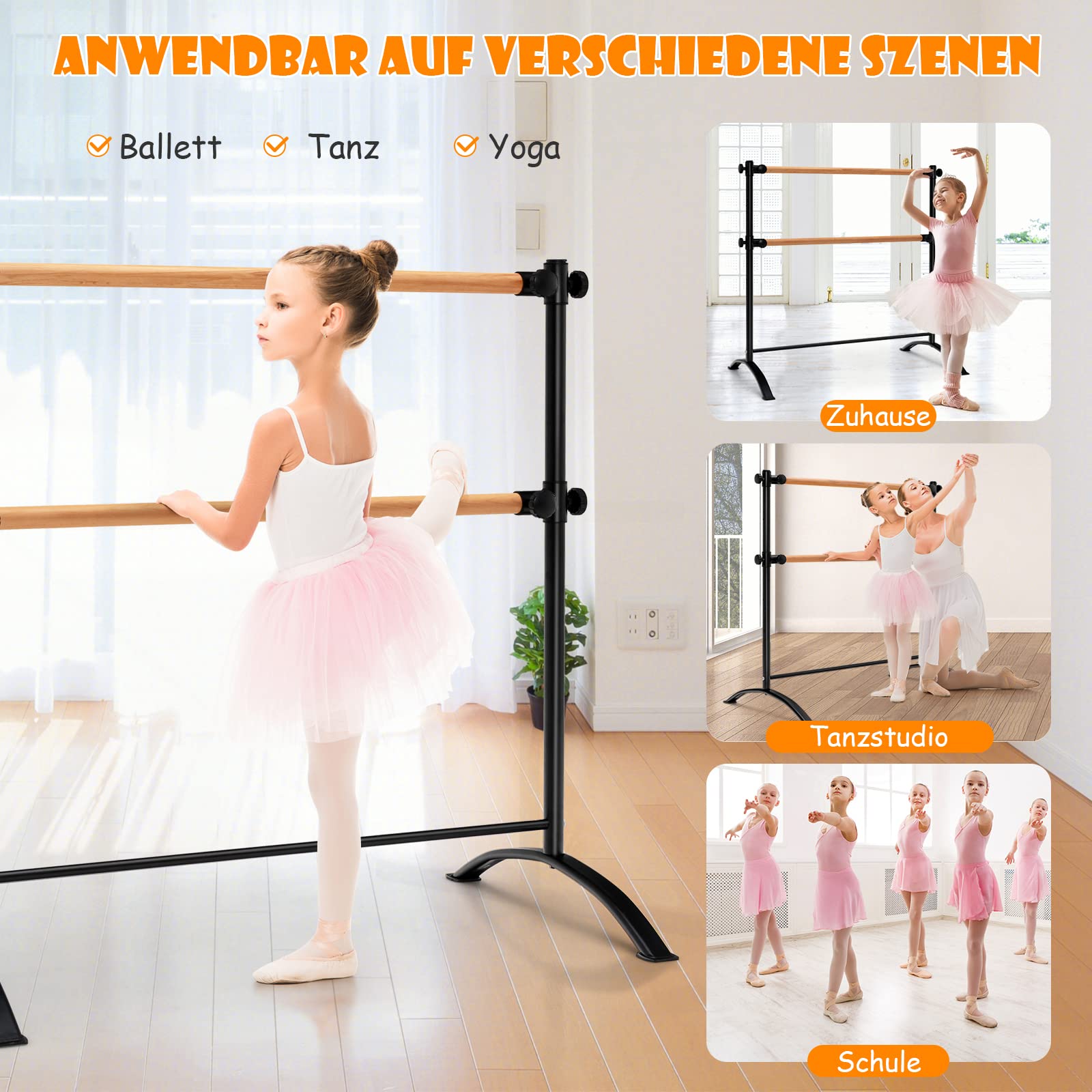 GYMAX Freistehende Ballettstange 121 cm, tragbare Ballettausrüstung, höhenverstellbare Tanzstange für Stretching & Tanztraining, Ballettstangenhalter für Zuhause, Studio & Schule