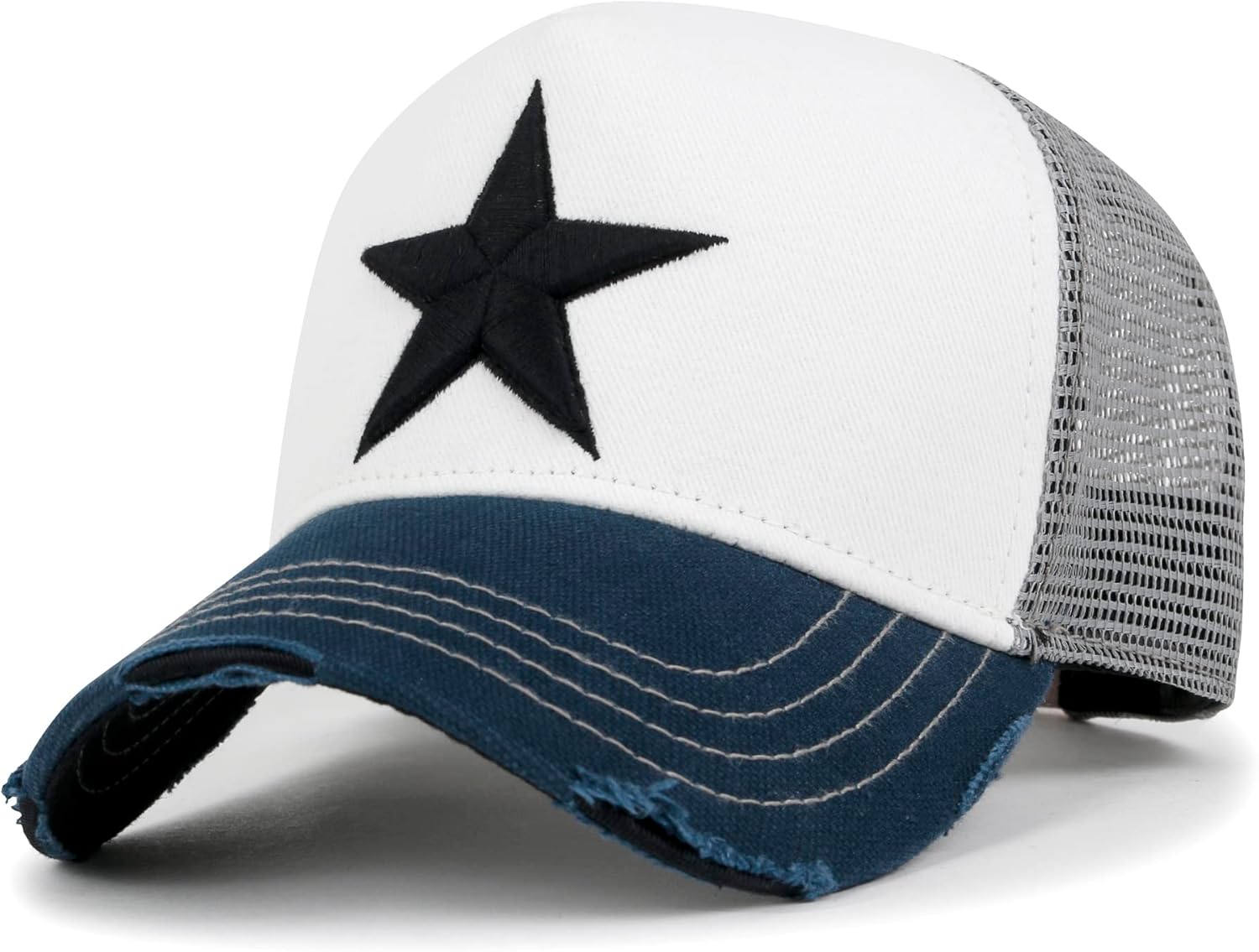 ililily Star Embroidery Black White Trucker Hat Cotton Baseball Cap