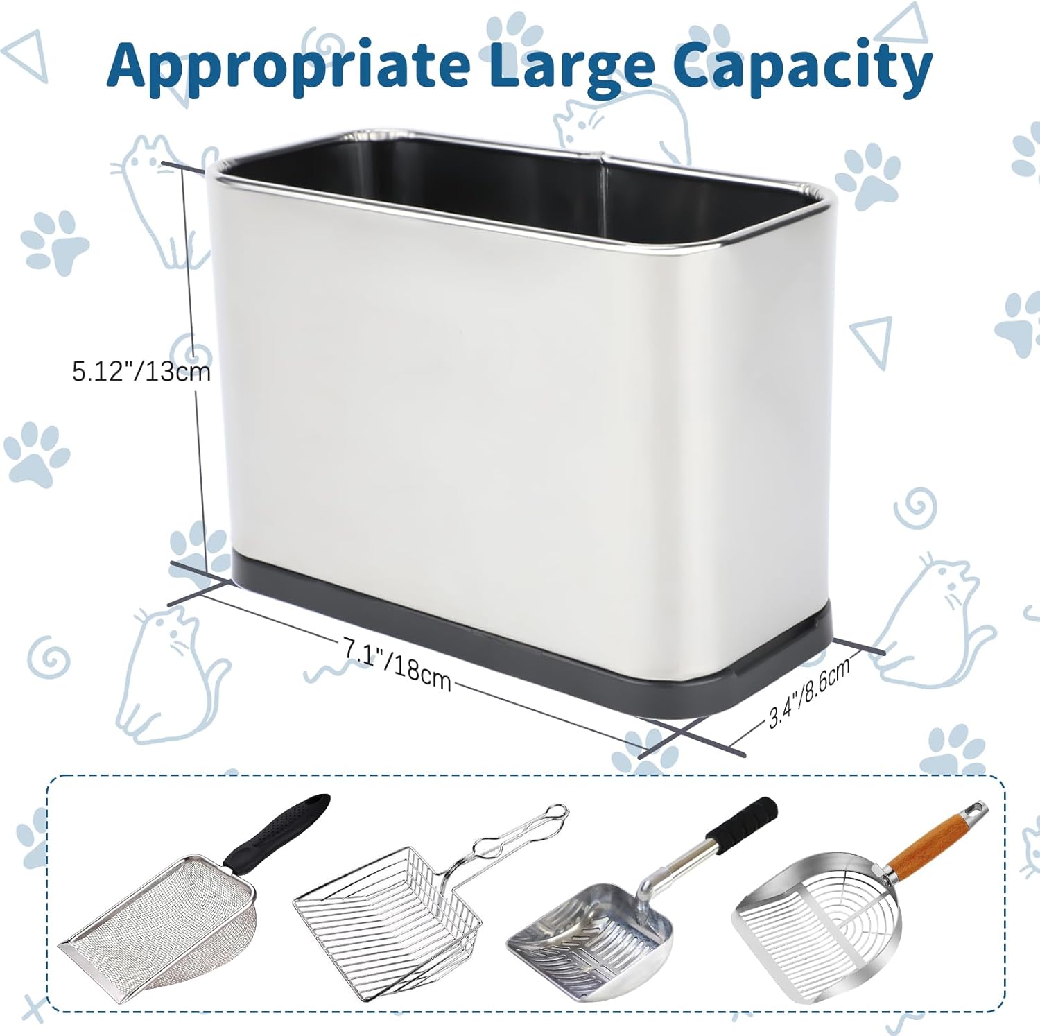 FHTONGE Stainless Steel Cat Litter Scoop Holder, Detachable Metal Cat Scooper Caddy, Universal Kitty Pooper Stand Trash Can Container for Most Pet Poop Shovels, Kitten Waste Scoops Storage Box