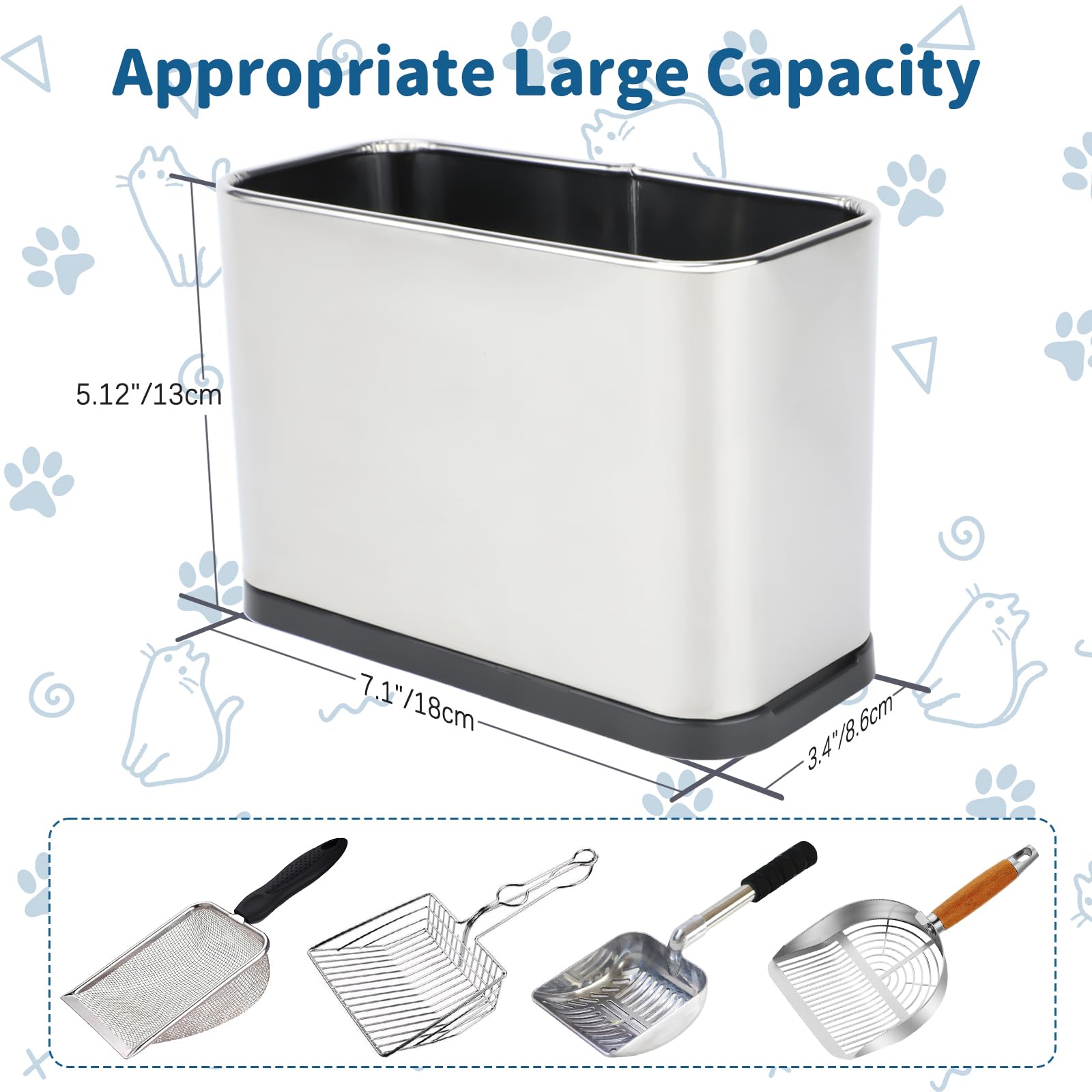FHTONGE Stainless Steel Cat Litter Scoop Holder, Detachable Metal Cat Scooper Caddy, Universal Kitty Pooper Stand Trash Can Container for Most Pet Poop Shovels, Kitten Waste Scoops Storage Box - image 3