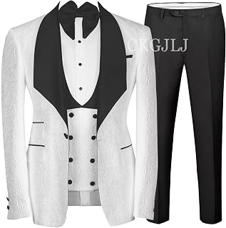 Floral Jacquard 3 Piece Suit for Men Slim Fit Double Breasted Tuxedo Suits Wedding One Button Blazer Shawl Lapel