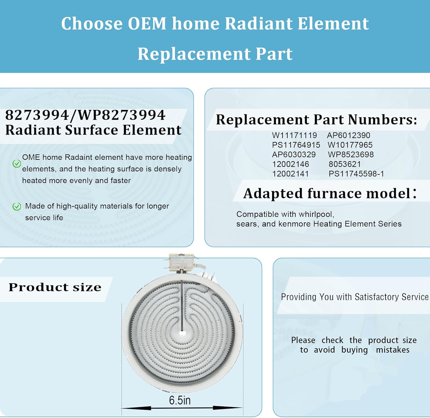 Upgraded 6.5in W11171119, 8273994 wp8273994 Radiant Surface Element Compatible with Whirlpool Glass Top Burner Replacement Replace For: 8273994, W11171119, WP8273994, AP6012390, PS11745598-1