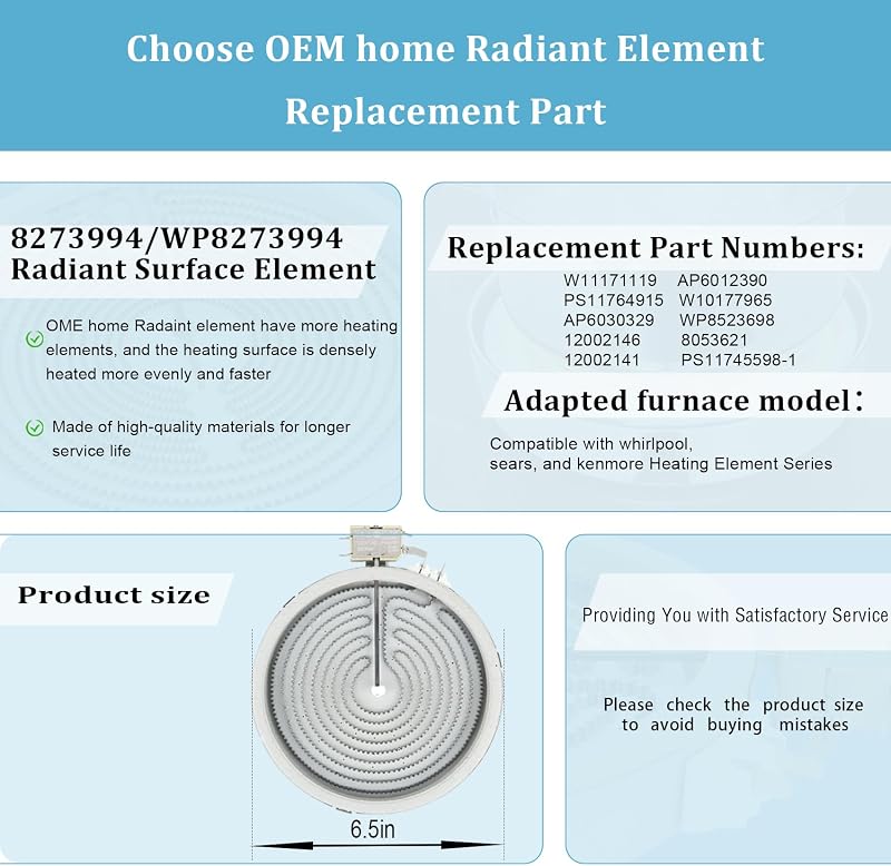 6.5in W11171119, 8273994 Radiant Surface Element Compatible with Whirlpool | W11171119, 8273994, WP8273994, AP6012390, PS11745598-1,Compatible with Whirlpool Glass Top Burner