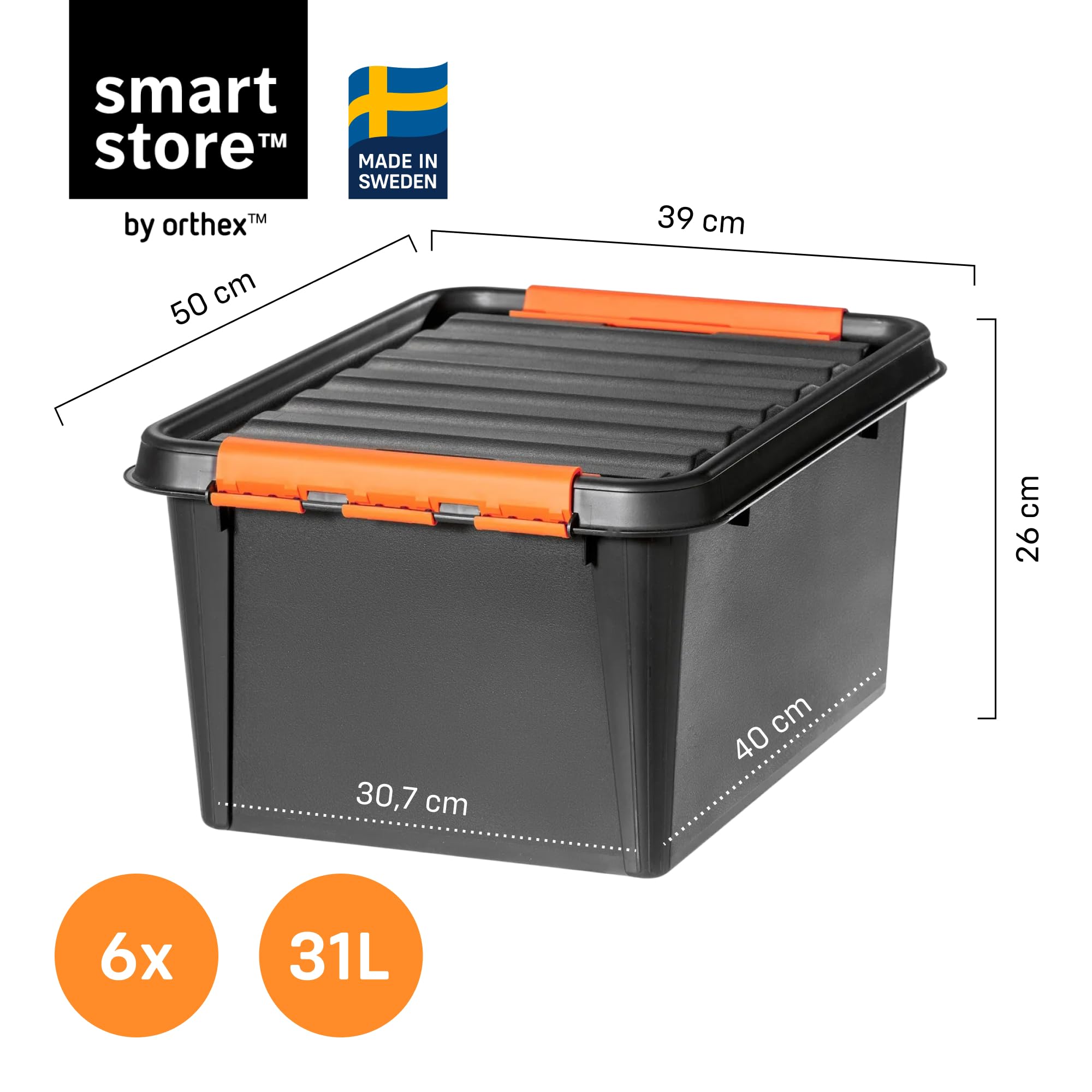 SmartStore Caja Almacenaje Resistente con Tapa I 31L I Pack 6 Cajas Apilables I Garaje Taller Mudanza I Cierre Clip I Made in Sweden I Negra I 50 x 39 x 26 cm