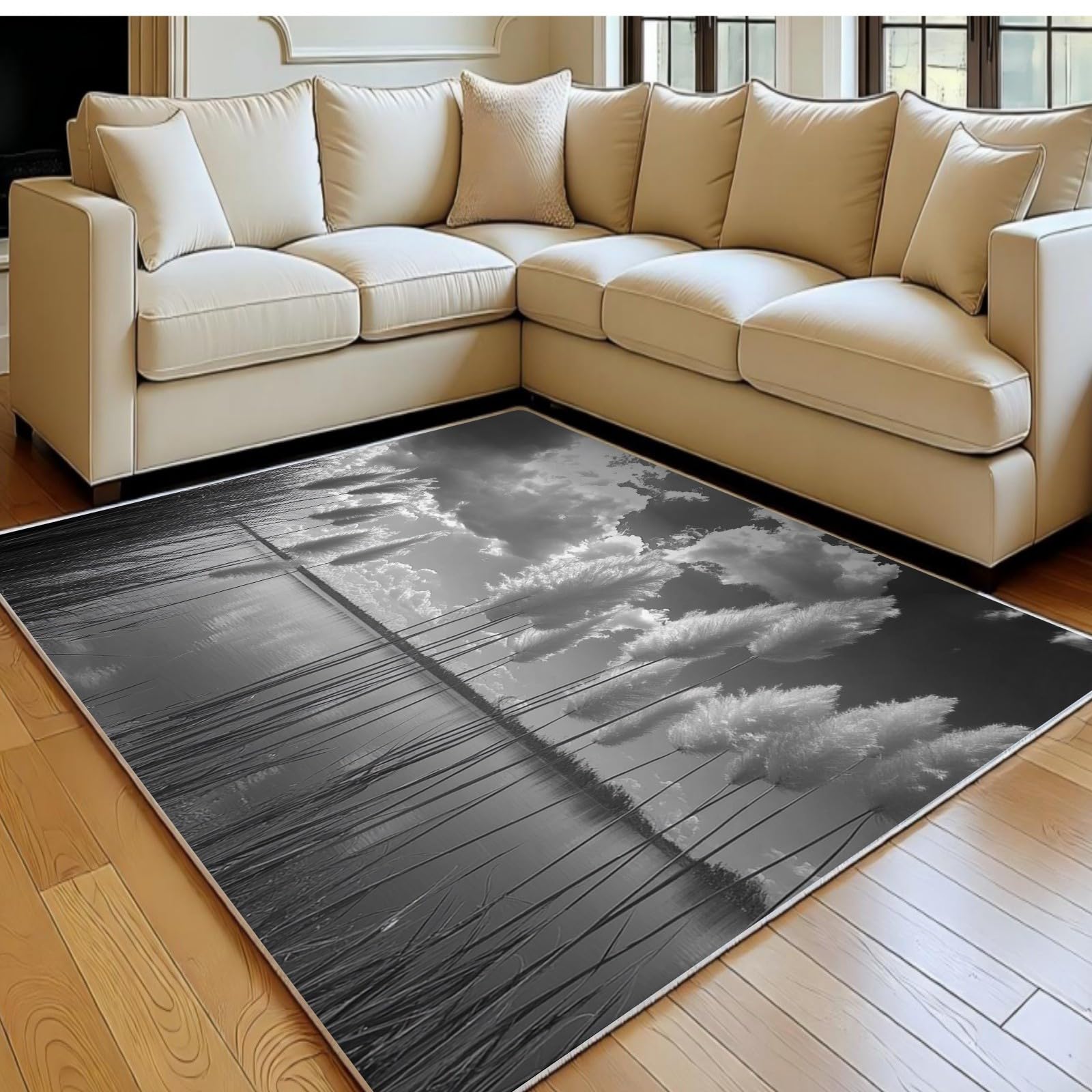 Tapis de salon 160x230 cm motif roseaux blanc à poil court doux