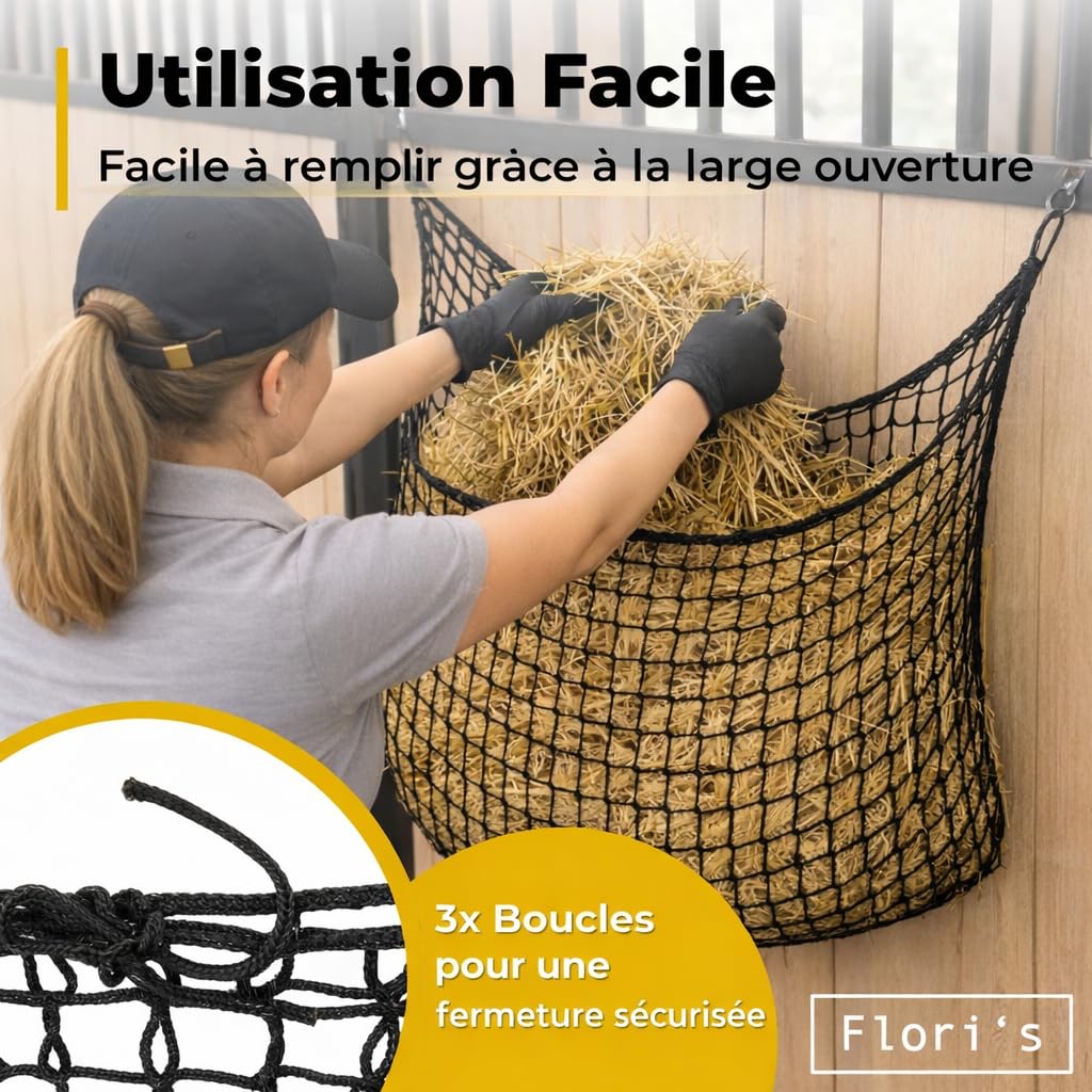Flori's Filet à foin pour chevaux - Grand sac à foin pour chevaux - 90 × 120 cm - Maille étroite 4,5 cm - Filet à foin avec mousqueton - Environ 9 kg de foin - Slow Feeder