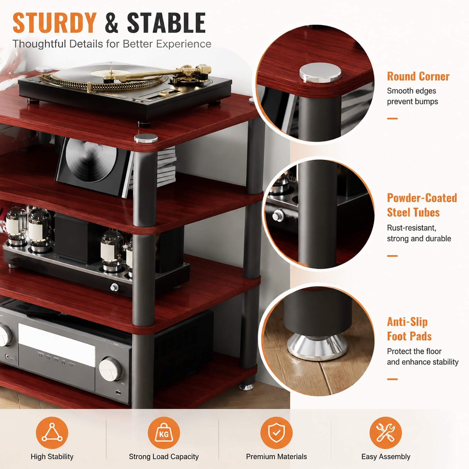 Mobile Hifi multistrato in legno massello con telaio metallico, doppia postazione Giradischi e per, funzionale Vinili per apparecchi audio domestici home theater