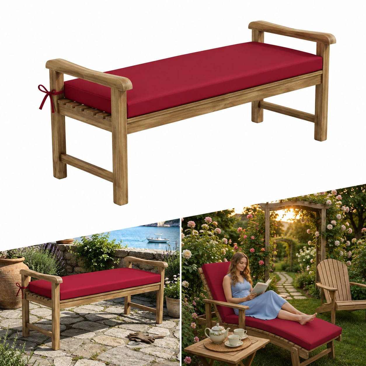 AZMAHT Waterproof Garden Bench Cushion Outdoor Furniture Cushions 2 3 4 Seater Garden Cushions 5cm Thick Bench Seat Pad with Straps & Removable Cover for Patio Swing Seat Sofa,red,140x40x5cm