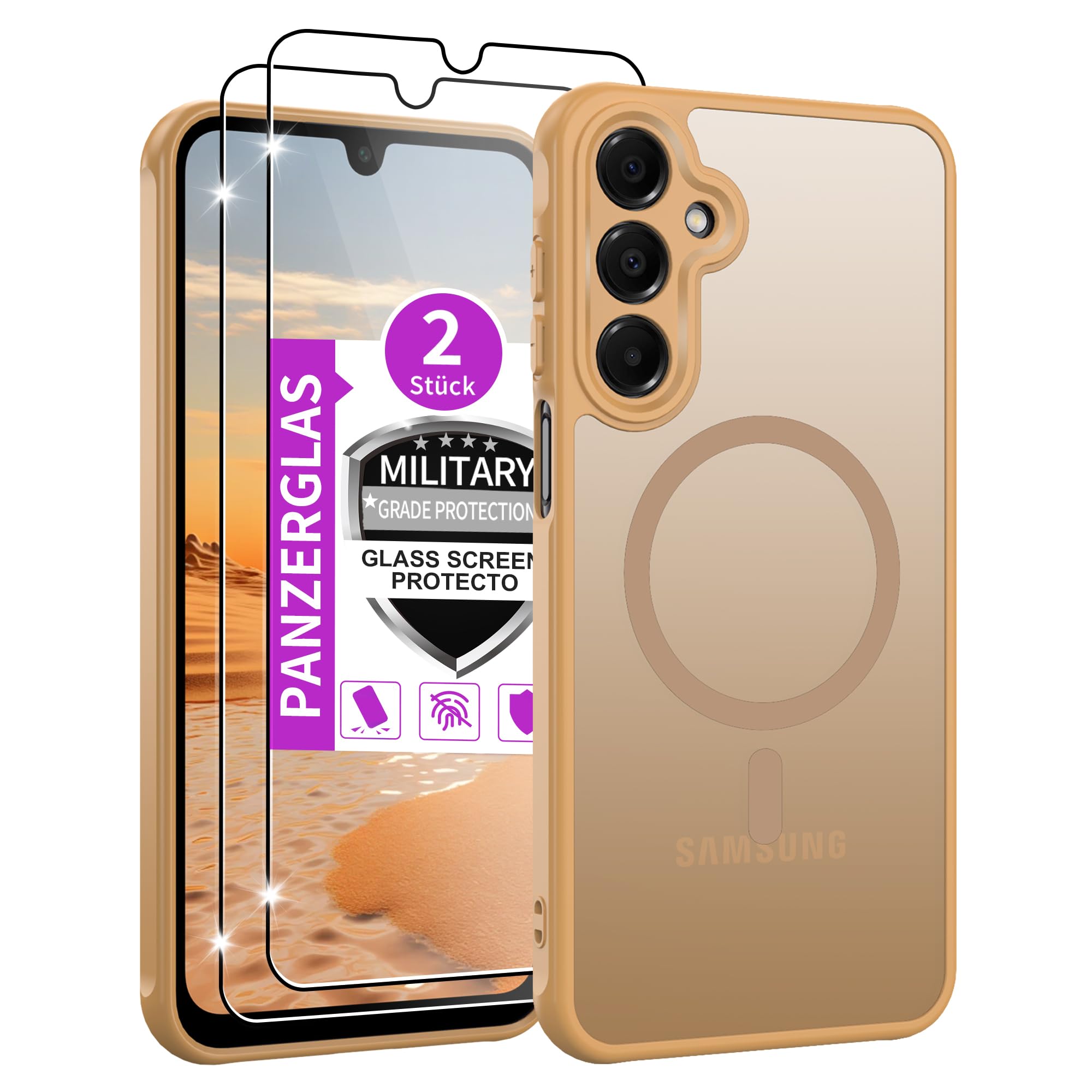 Jshru für Samsung A16 4G/5G Hülle mit 2 Stück Panzer Schutz Glas,Kompatibel mit Magsafe,Magnetisch Handyhülle Galaxy A16 Case Militär Stoßfest Schutzhülle Mattierte Cover für Samsung A 16,Gold