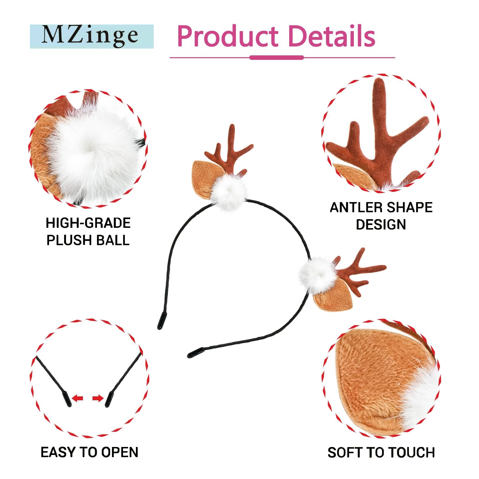MZinge 2pcs Flocked Deer Antlers Headband, Reindeer Headdress for Christmas Halloween Cosplay Hair Accessories for Adults - Image 3