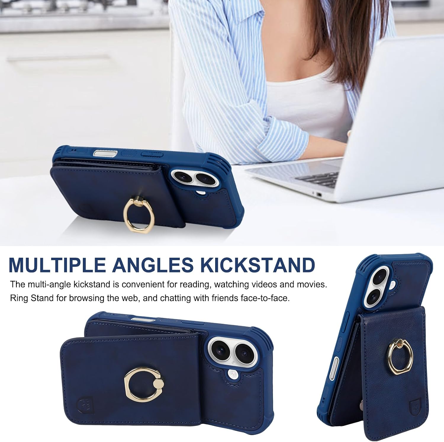 VANAVAGY Compatible for iPhone 16 Plus Wallet Case with Credit Card Holder Coin Pocket [360° Rotation Ring Kickstand], PU Leather Magnetic Clasp Flip Phone Cover for Women Men 6.7 Inch,Navy Blue