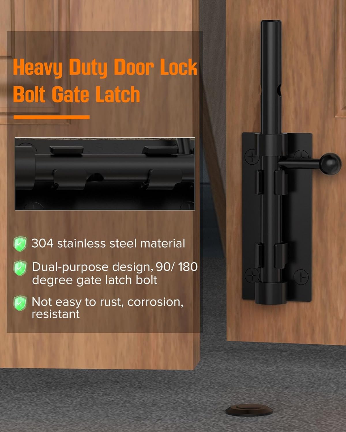 90/180 Degree Barn Door Lock + 6" Heavy Duty Slide Bolt Gate Drop Rod Hardware Ground Latch for Wooden Fence Yard Shed Barn Basement