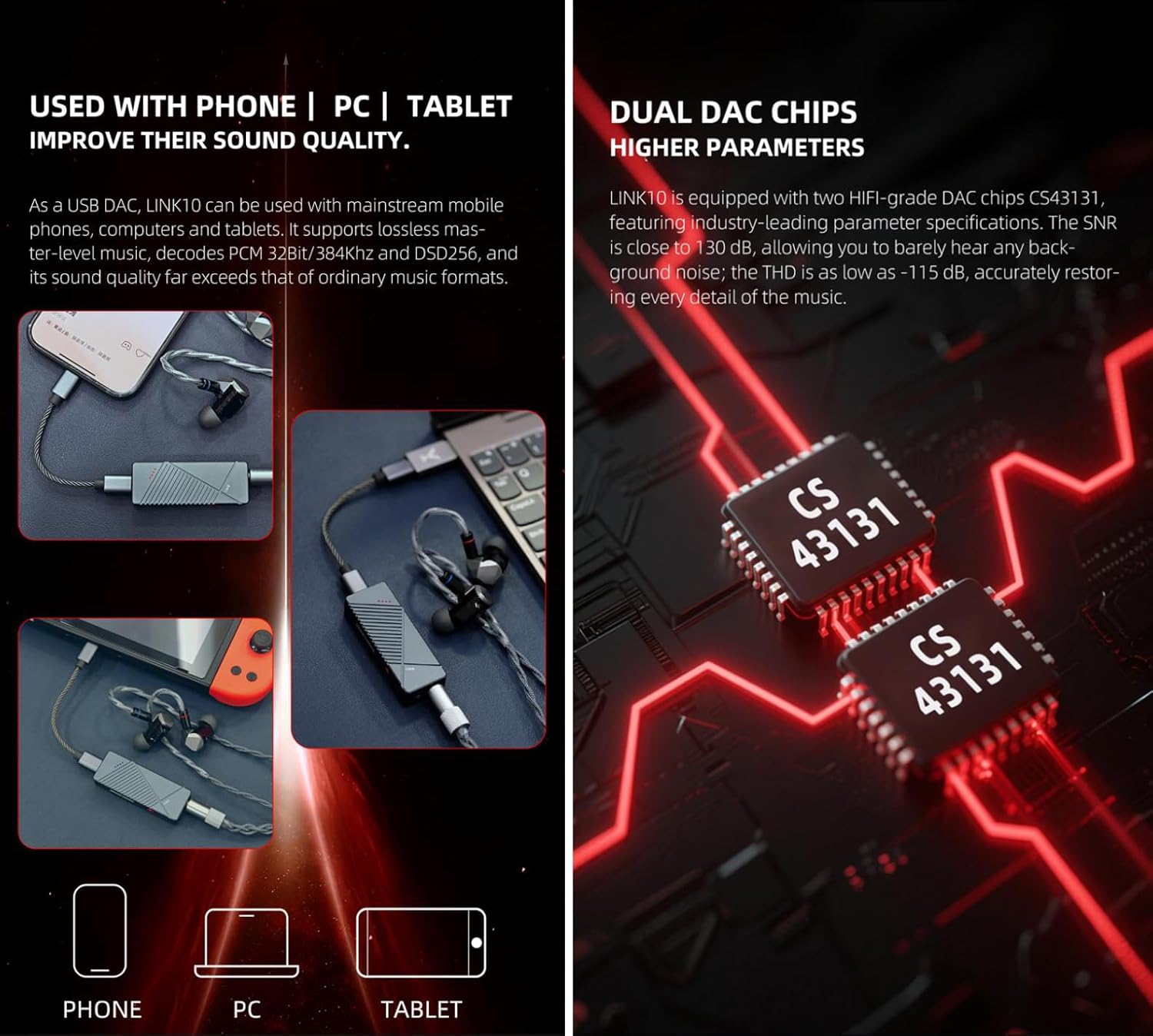 xDuoo LINK10 Portable Mini USB DAC Headphone Amplifier 3.5 and 4.4mm - Dual CS43131 HiFi DAC Chip 32Bit 384khz DSD256 1.0/2.0 Two USB Mode