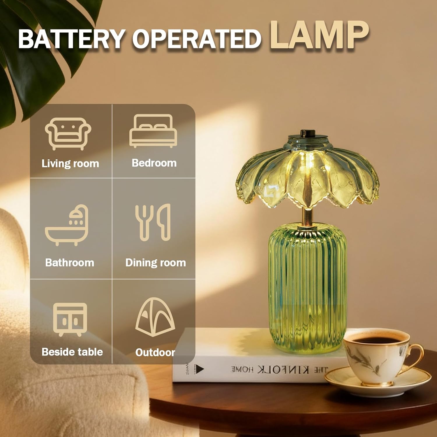 MJ PREMIER Cordless Lamp, Battery Operated Lamp with Timer, Crystal Glass Flower Lampshade, Small Table Lamps, Decorative Led Light for Bedroom Living Room Shelf (S-Green)