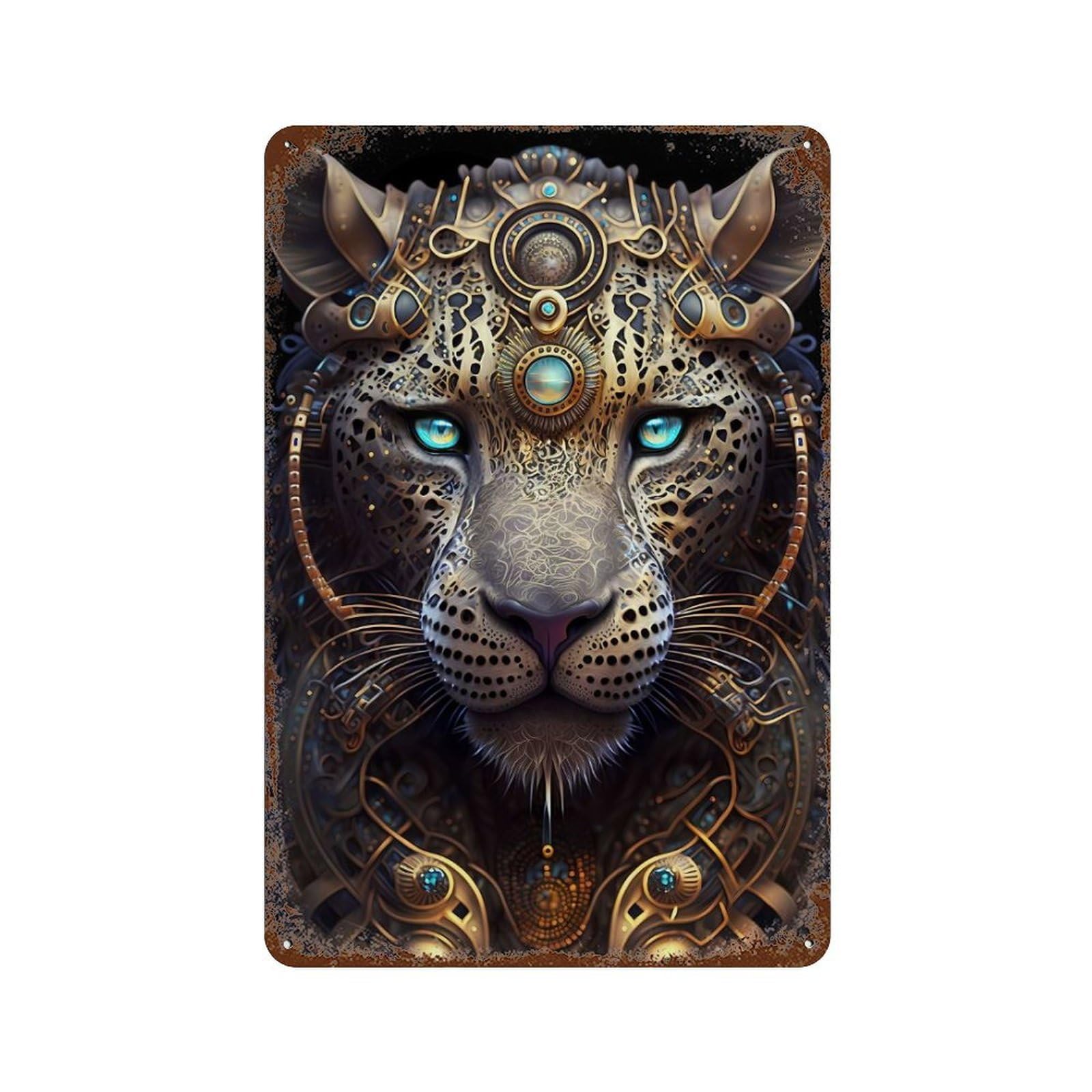 Garage Style Mystical God Leopard Rust Effect Tin Sign 11.8"x7.9", Rustic Home Decor for Bar And Workshop