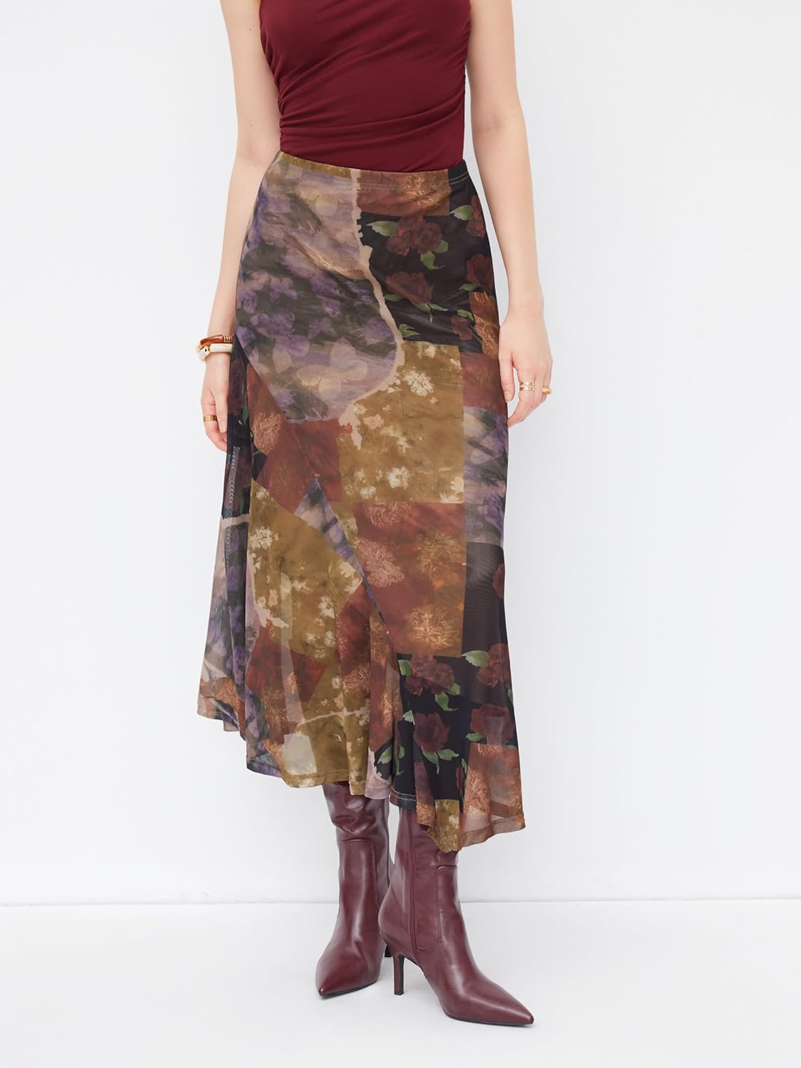 CIDER Skirts for Women Floral Mesh Maxi Asymmetrical Mid Waist Long Fall Skirts Western Concert Outfits - Image 2