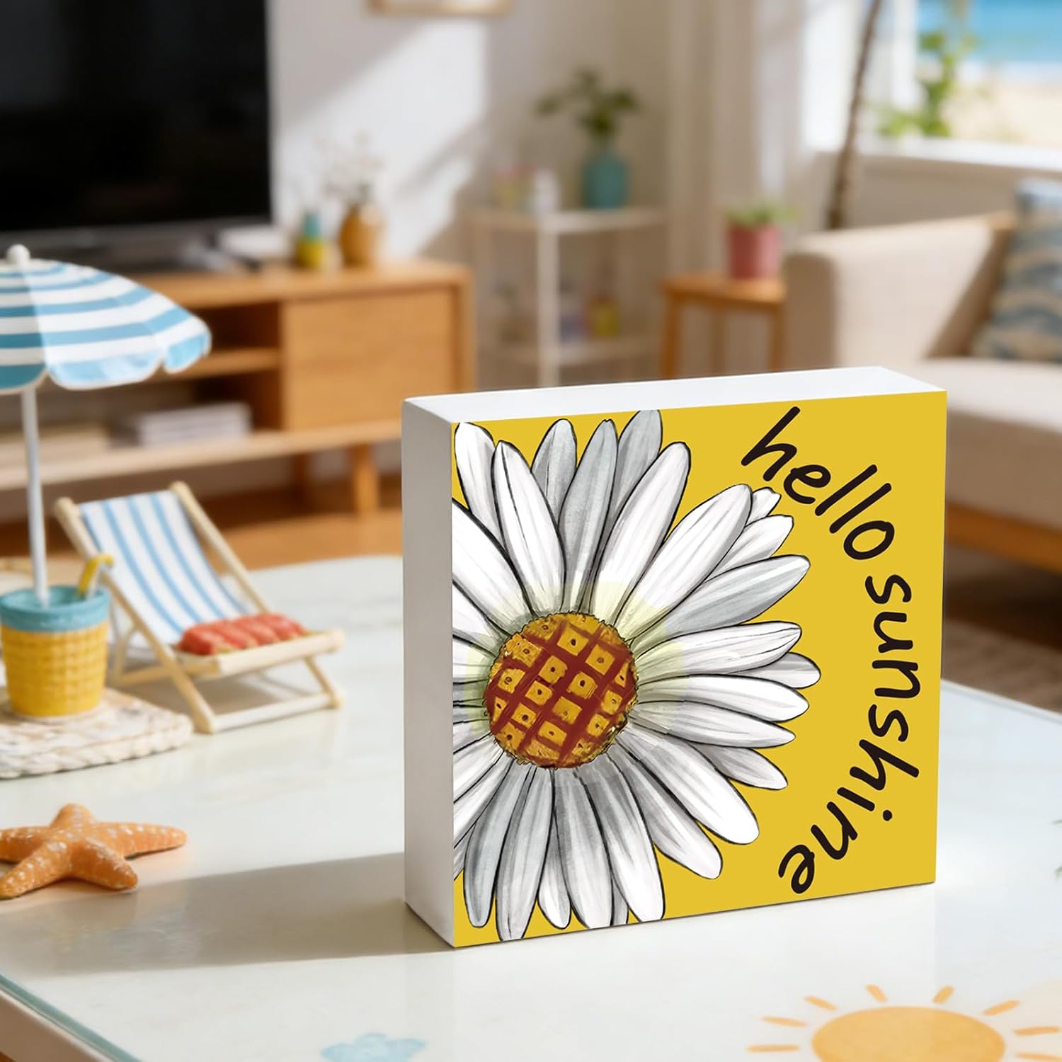 Summer Decor Summer Decorations for Home Indoor Hello Sunshine Daisy Table Decor Home Room Office Bathroom Wood Box Sign Rustic Wooden Shelf Desk Decor Season Sign House Warming Gifts 5.9 x 5.9 Inch