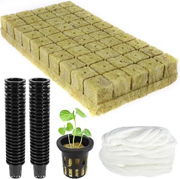 110pcs Rock Wool Cubes Starter Kit with Cotton Rope, 1in Portable Rock Wool Cubes and Net Pots, 50 Rock Wool Cubes & 50 Plant Net Cups, Soft Texture Rock Wool Planting Cubes for Hydroponics Rooting