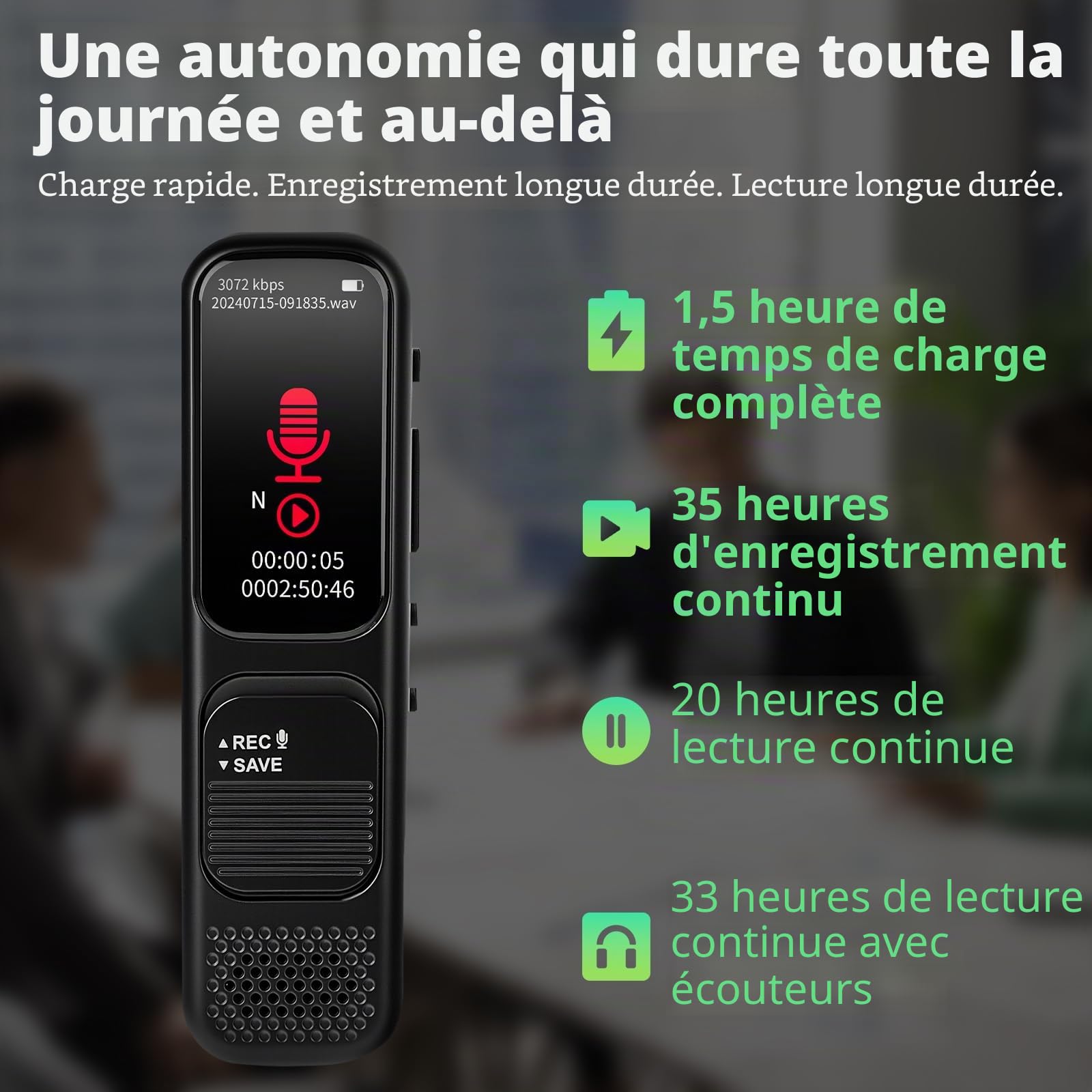 64GB Diaphone Enregistreur Vocale - 3072 Kbps Dictaphone Numérique avec Activation Vocale, Lecture & Réduction du Bruit, Enregistreur Audio pour Appels/Conférence/Interviews/Classes
