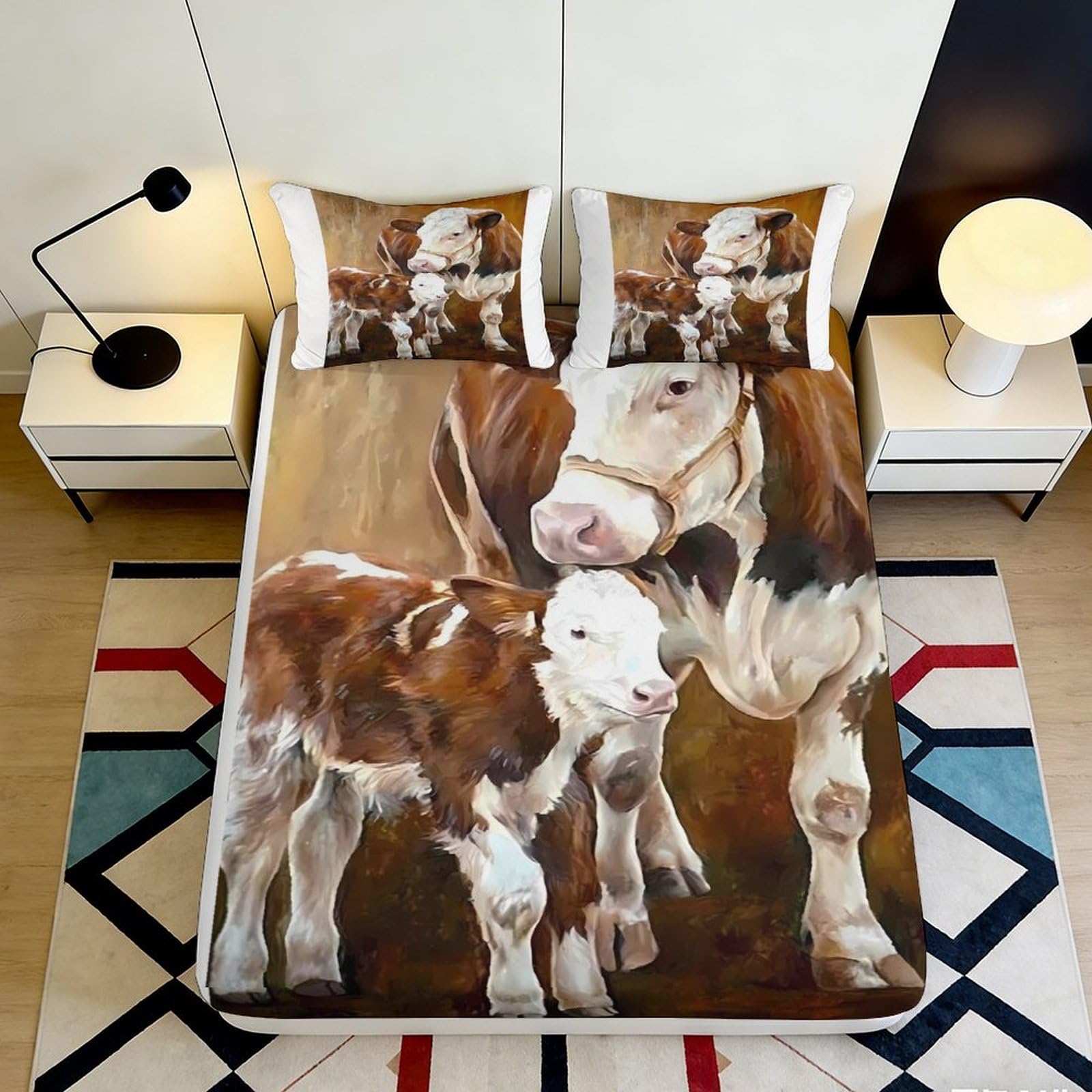 3D Printed Cow and Calf Fitted Sheet Microfiber Bed Cover Brown Animal Print for Bedroom Guest Room Dorm Mattress Protection 140x200x25cm