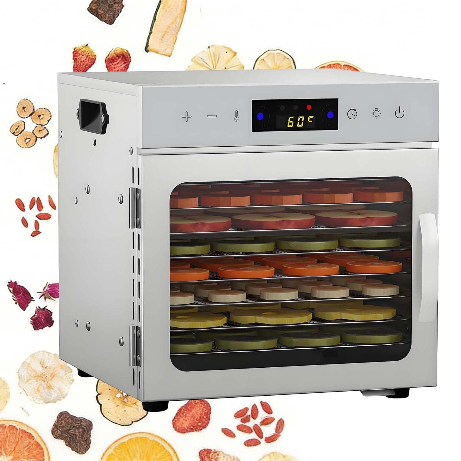 Essiccatore per Alimenti A 8 Vassoi con Spazio di Essiccazione di 16,5 Cm - Temperatura Regolabile Fino A 90 °C per Carne Secca, Snack per Cani, Erbe Aromatiche, Carne, Frutta E Yogurt 8Plates