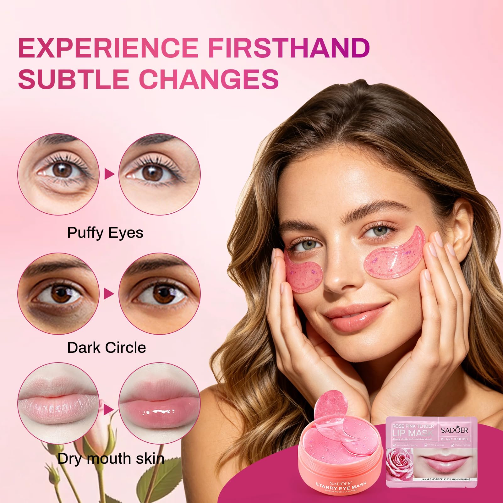 60 Pezzi Patch Occhi Antirughe,Patch Occhiaie e Borse,Collagene Patch Occhi con 2 Pezzi Maschera per le Labbra,Anti-Rughe,Contorno Occhi Idratante,Rimuovi Borse e Puffiness(Rosa) | con 2 Pezzi Maschera per le Labbra,Anti-Rughe,Contorno Occhi Idratante,Rim