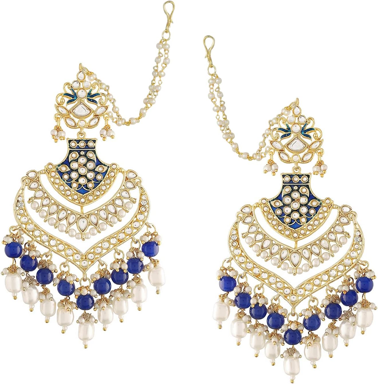 Traditional Faux Kundan Beaded Maang Tikka Earrings Set Bollywood Ethnic Fashion Jewelry for Women