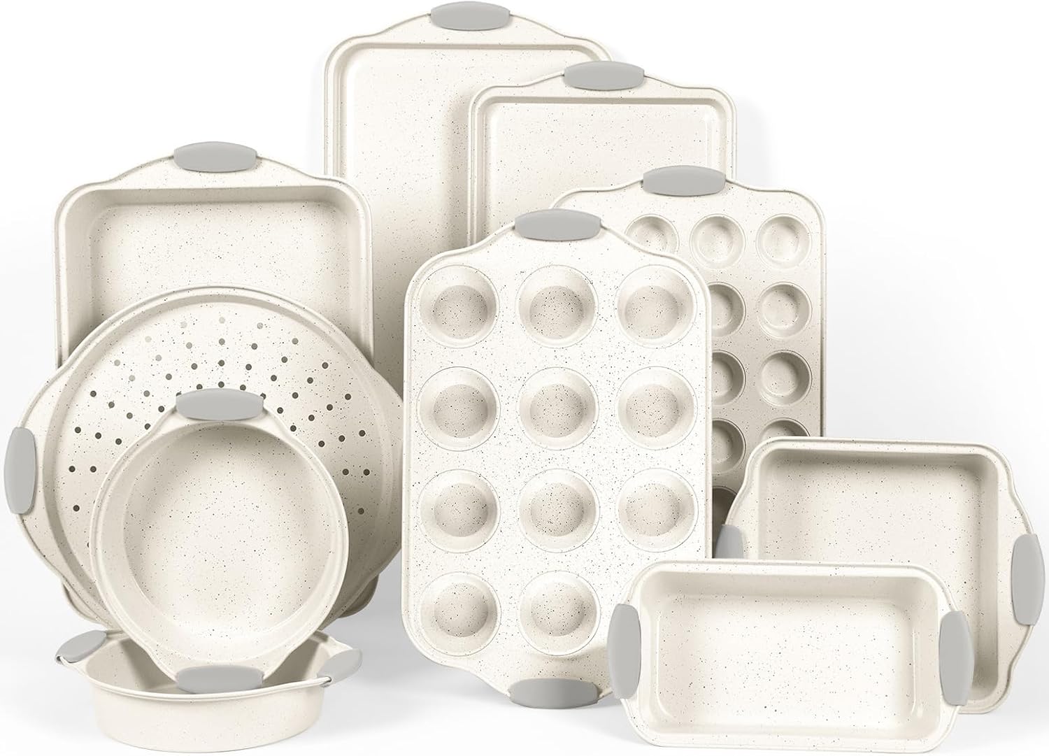 10-Piece Nonstick Baking Pans Set, Stackable Non-Toxic Bakeware Sets with Silicone Handle, Oven Pan Set for Cooking, Includes Easy Release Cookie Sheet, Roasting Pan, Muffin Tin (Cream) 10-Piece Nonstick Baking Pans Set, Stackable Non-Toxic Bakeware Sets with Silicone Handle, Oven Pan Set for Cooking, Includes Easy Release Cookie Sheet, Roasting Pan, Muffin Tin (Cream)