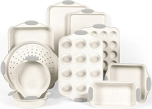 10-Piece Nonstick Baking Pans Set, Stackable Non-Toxic Bakeware Sets with Silicone Handle, Oven Pan Set for Cooking, Includes Easy Release Cookie Sheet, Roasting Pan, Muffin Tin Cream