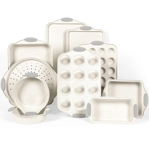 BakerChef 10-Piece Nonstick Baking Pans Set, Stackable Non-Toxic Bakeware Sets with Silicone Handle, Oven Pan Set for Cooking, Includes Easy Release Cookie Sheet, Roasting Pan, Muffin Tin (Cream)