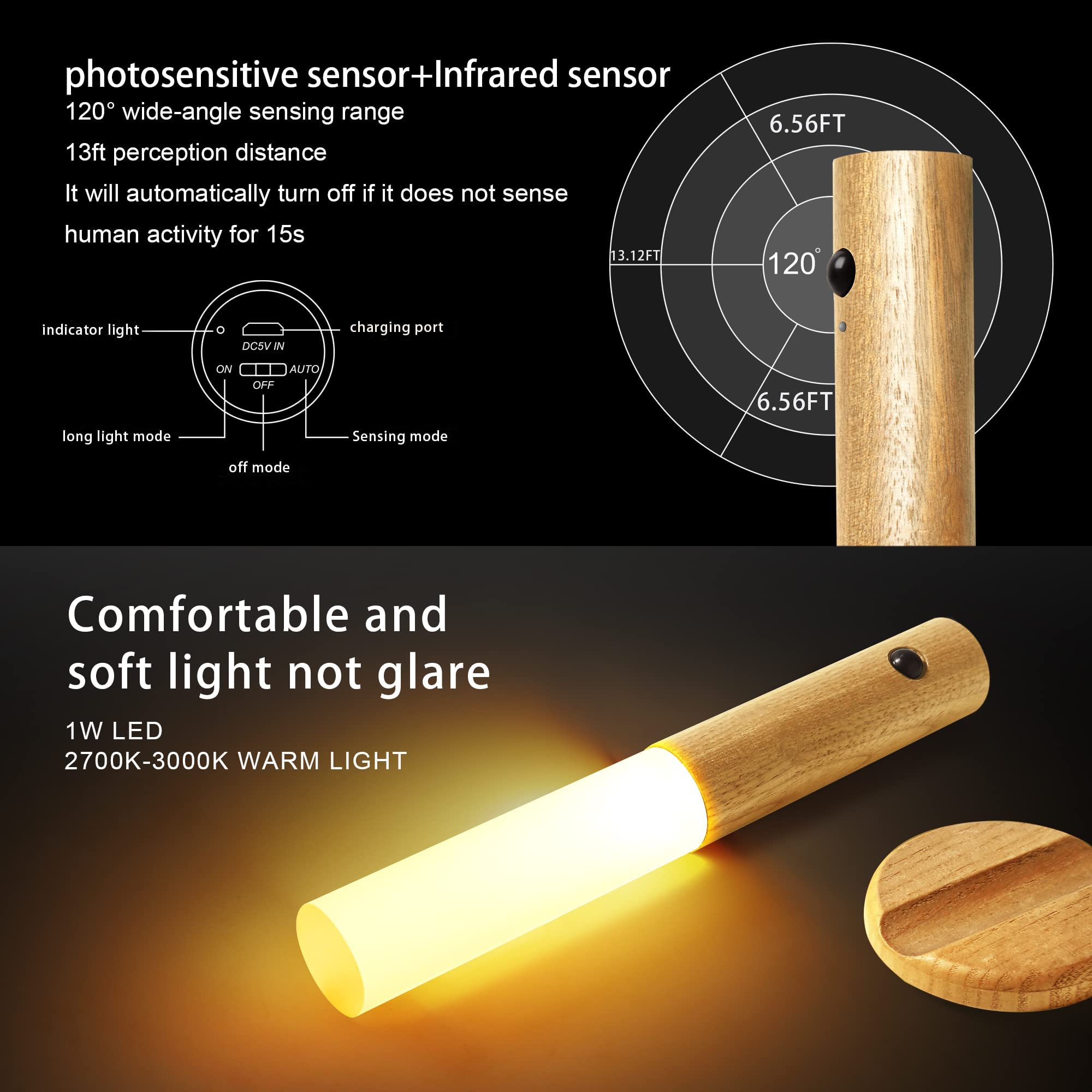 Luz nocturna magnética inalámbrica con sensor de movimiento, luces de pared recargables, habitación de los niños y más (madera de fresno blanco, 2 piezas)