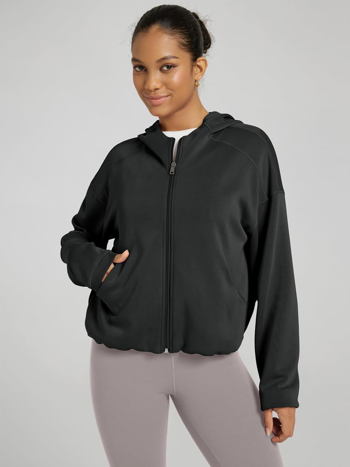 ODODOS Women's Modal Soft Full Zip Hoodie Gathered Hem Long Sleeve Casual Oufit Hooded Jacket with Pockets - Image 3