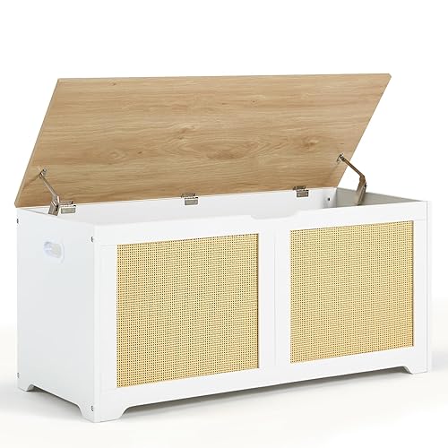 EROMMY 39.4" Storage Chest with 2 Safety Hinges, Rattan Storage Bench, Shoe Bench, Supports 300 lb, for Entryway, Bedroom, Living Room - White