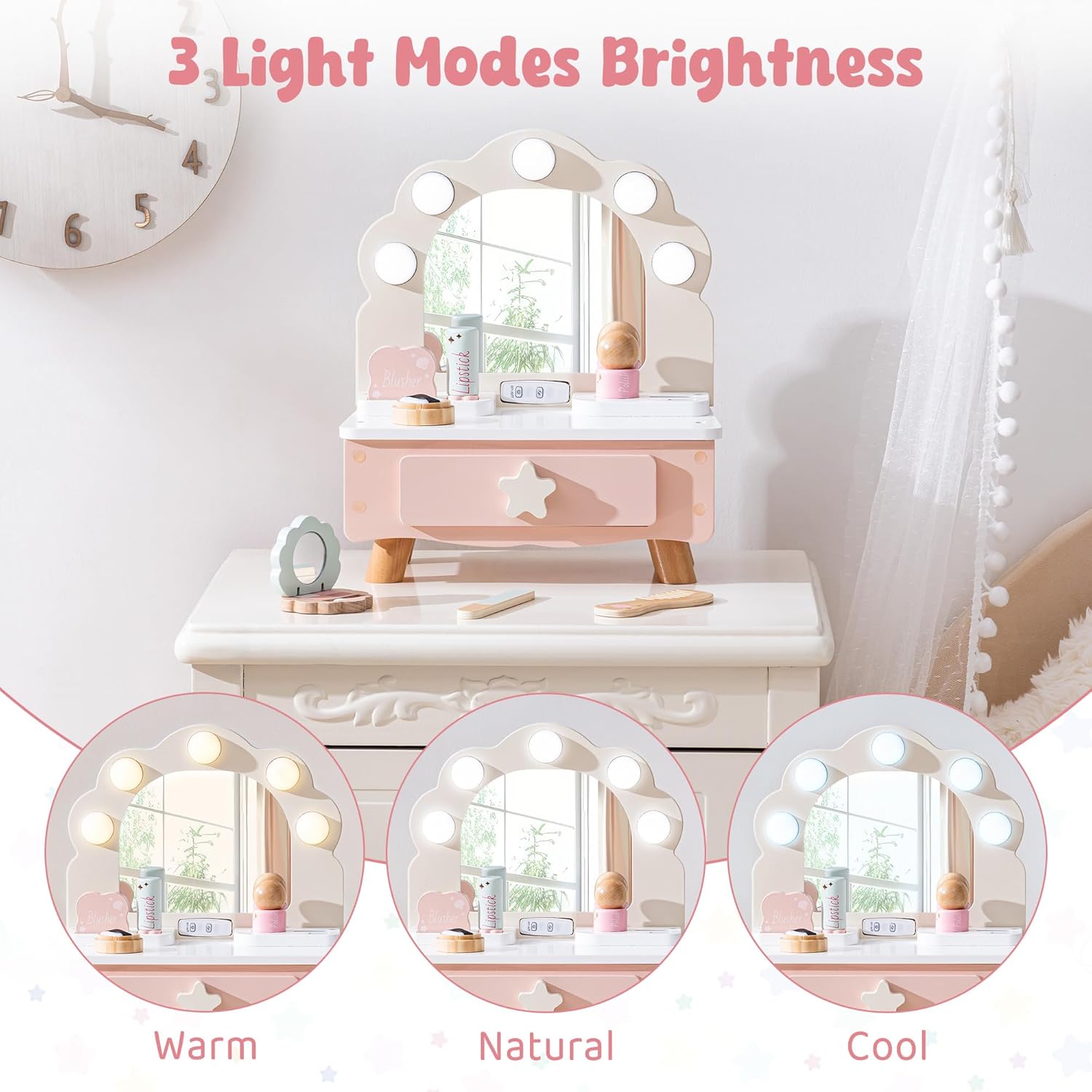 ROBUD Wooden Toddler Vanity, Shell-Shaped Girl Vanity Set with Mirror and 3 Light Modes, Pink Makeup Toy Set for 3+ Year Old Kids