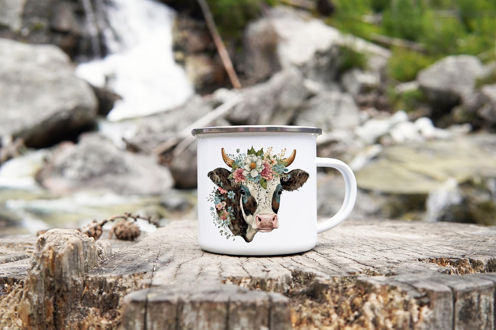 Tazza Da Campeggio Smaltata Vintage 350 Ml - Design Acquerello Mammoth, Leggera E Resistente, Per Caffè E Tè In Outdoor
